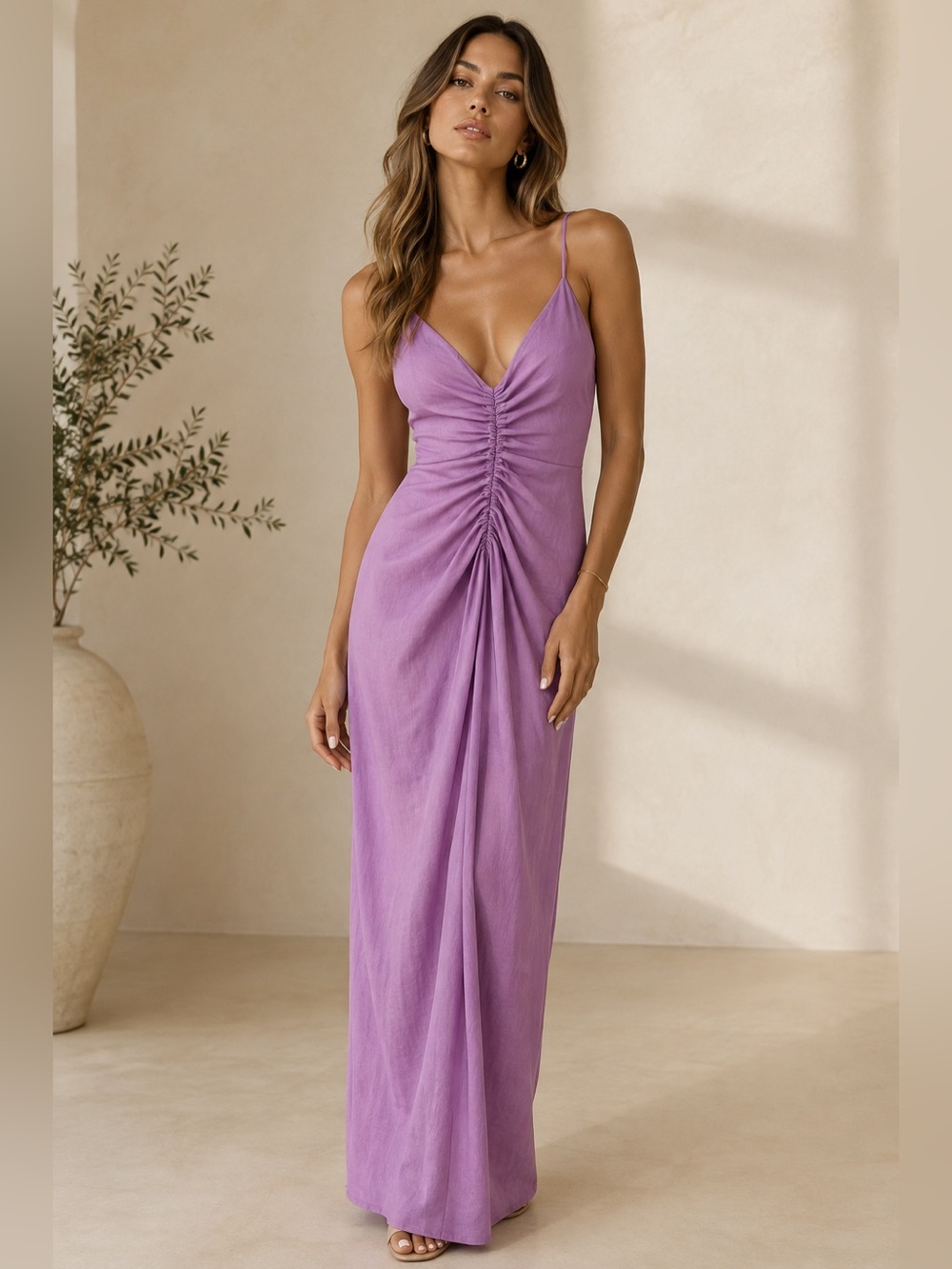 SANDRO Paris Ruched V- Neck Spaghetti Strap Maxi Dress in Lavender